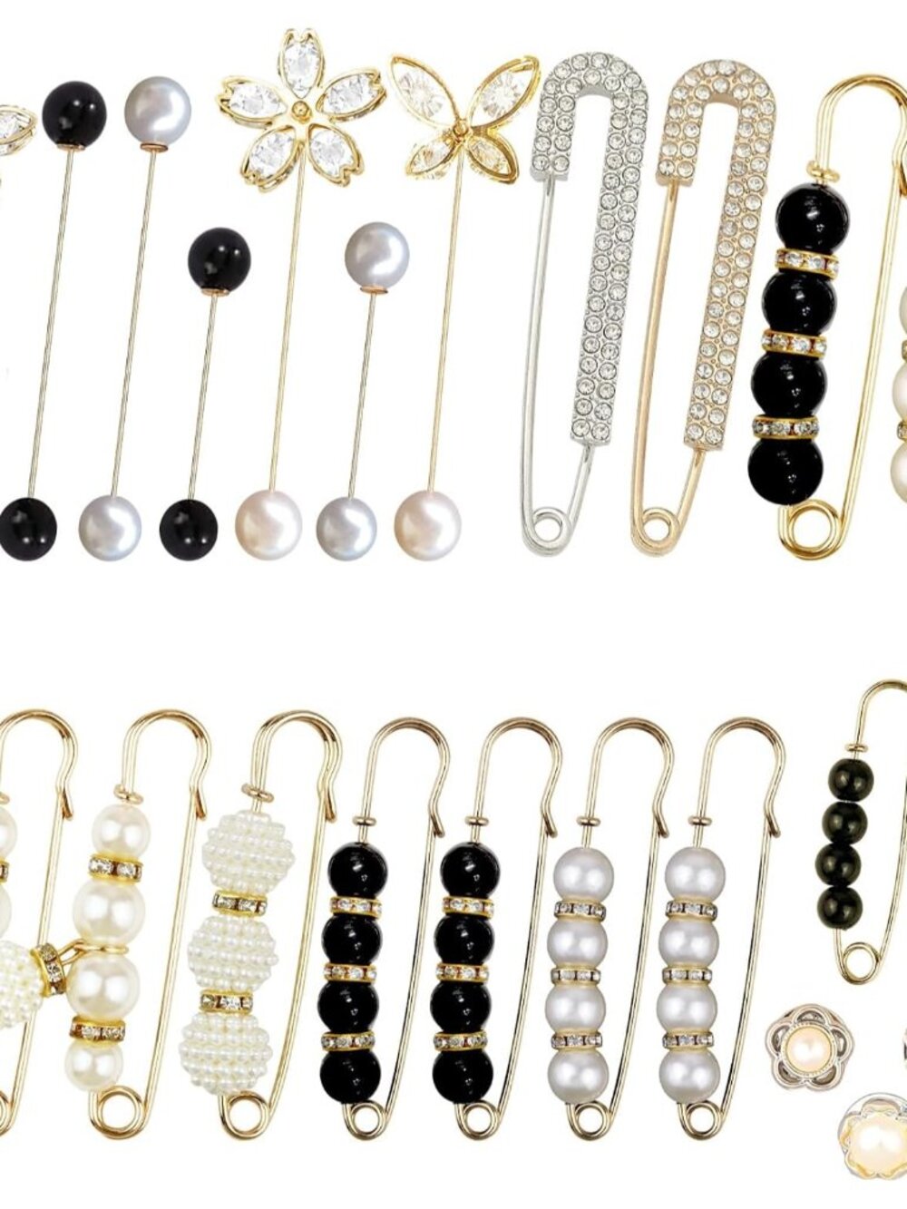 24 Pieces Pearl Crystal Brooch Safety Pins Button Pins Pant Waist Tightener Pins